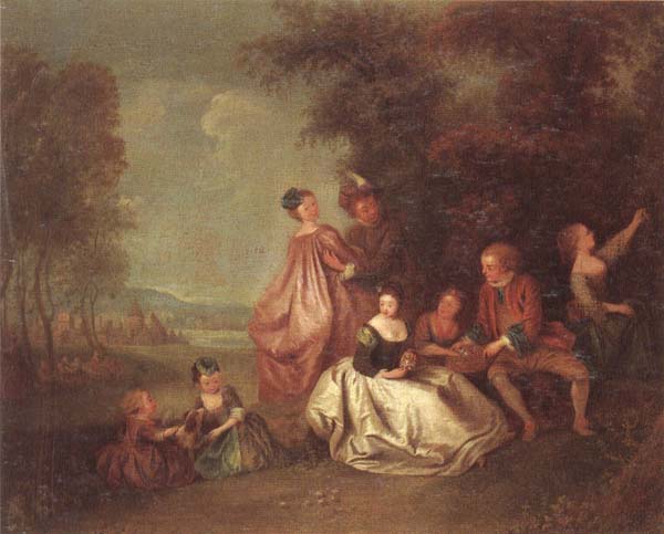 An elegant company dancing and resting in a woodland clearing